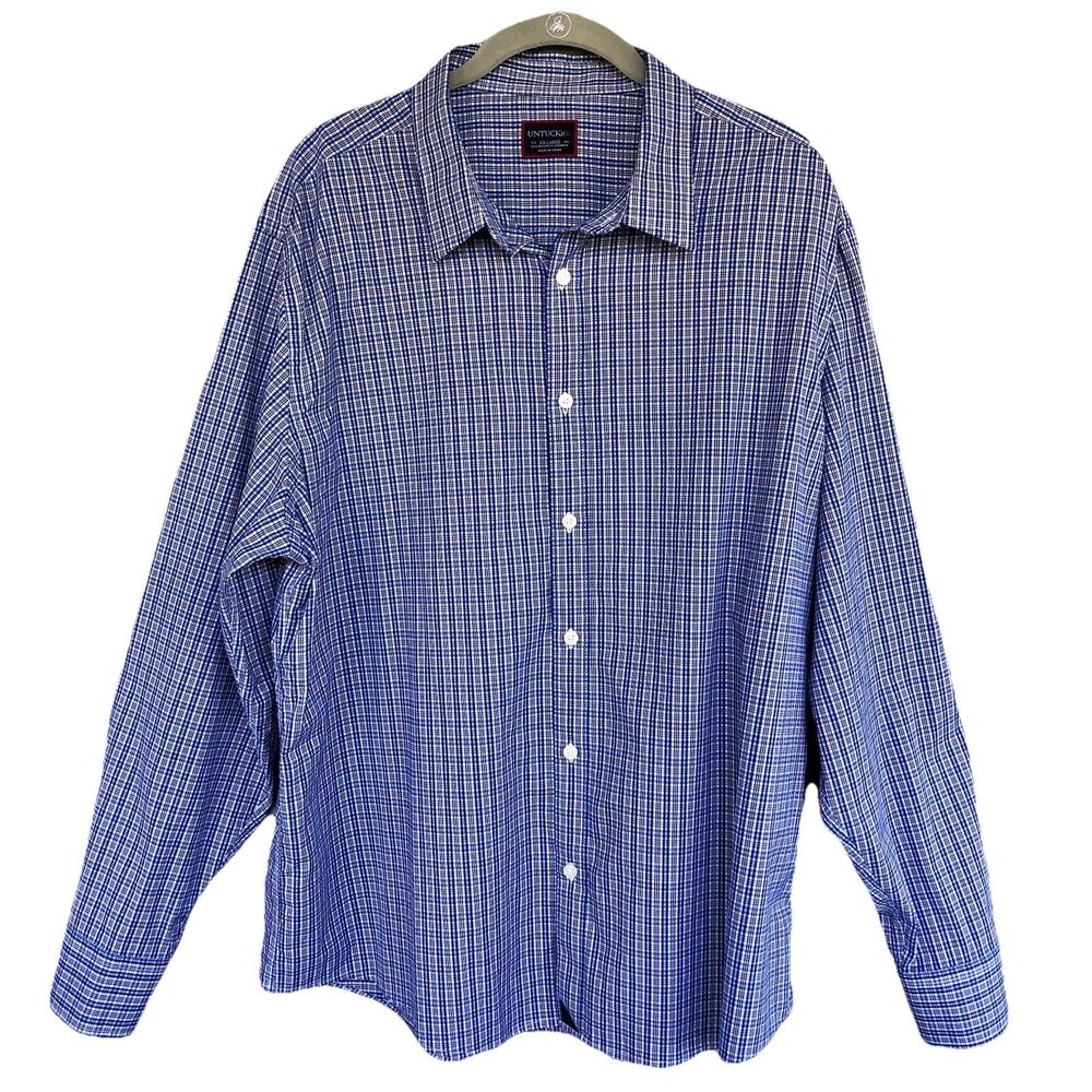 UNTUCKit Shirt Men XXL Blue Plaid Relaxed Wrinkle Free Button Down Long Sleep